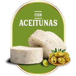 Medallones de queso de cabra artesanal Le Blanc con trozos de aceituna verde presentados con aceitunas enteras.